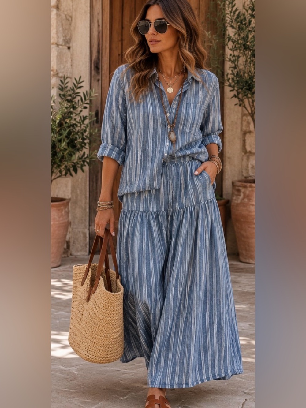 Michael Stars Blue Striped 2 Piece Shirt & Maxi Skirt Set Boho Coastal